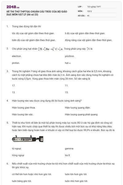 ĐỀ THI THỬ THPTQG CHUẨN CẤU TRÚC CỦA BỘ GIÁO DỤC MÔN VẬT LÝ (Đề số 23)