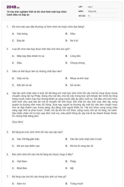 10 câu trắc nghiệm Viết về đồ chơi hình một loại chim Cánh diều có đáp án