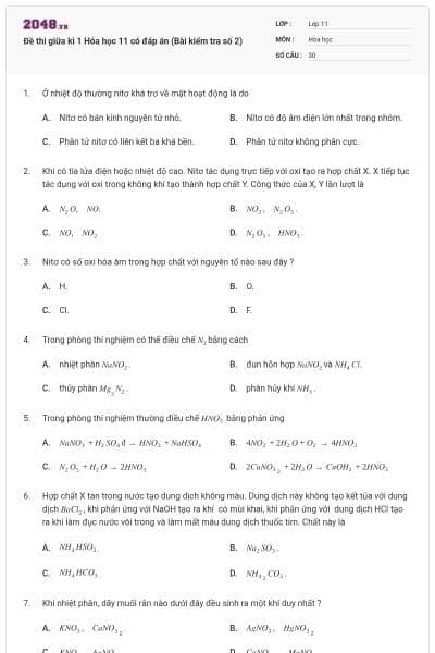 Đề thi giữa kì 1 Hóa học 11 có đáp án (Bài kiểm tra số 2)