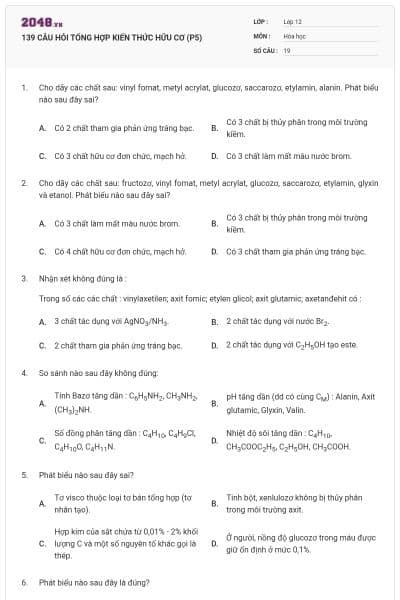 139 CÂU HỎI TỔNG HỢP KIẾN THỨC HỮU CƠ (P5)