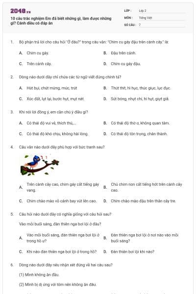 10 câu trắc nghiệm Em đã biết những gì, làm được những gì? Cánh diều có đáp án