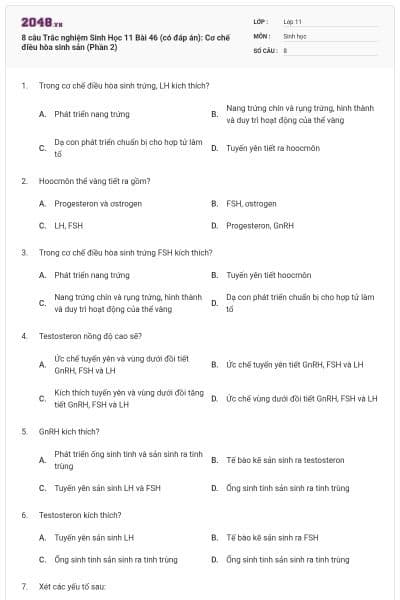 8 câu Trắc nghiệm Sinh Học 11 Bài 46 (có đáp án): Cơ chế điều hòa sinh sản (Phần 2)
