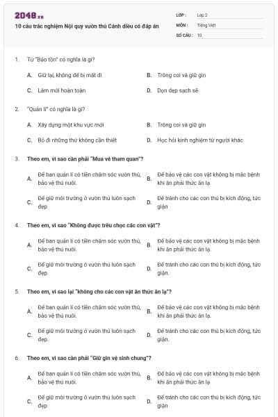 10 câu trắc nghiệm Nội quy vườn thú Cánh diều có đáp án