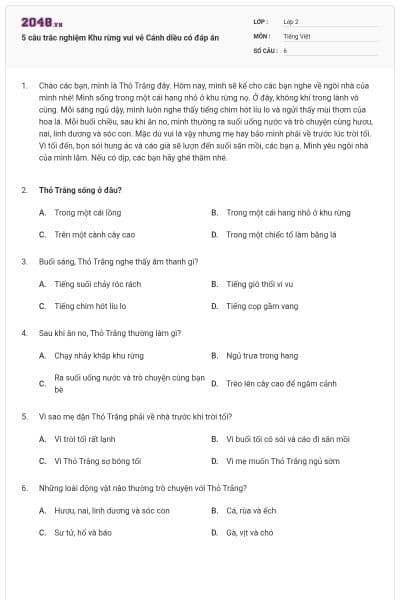 5 câu trắc nghiệm Khu rừng vui vẻ Cánh diều có đáp án