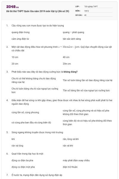 Đề thi thử THPT Quốc Gia năm 2019 môn Vật Lý (Đề số 29)