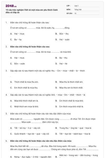 10 câu trắc nghiệm Viết về một mùa em yêu thích Cánh diều có đáp án