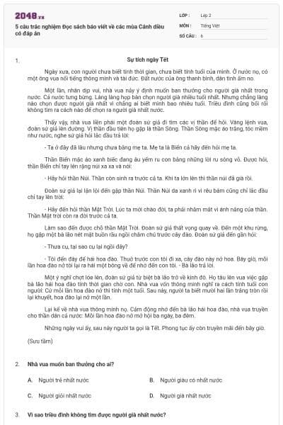 5 câu trắc nghiệm Đọc sách báo viết về các mùa Cánh diều có đáp án