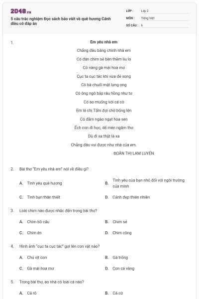 5 câu trắc nghiệm Đọc sách báo viết về quê hương Cánh diều có đáp án