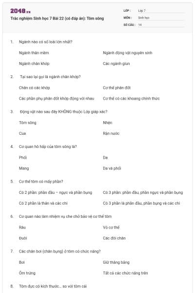 Trắc nghiệm Sinh học 7 Bài 22 (có đáp án): Tôm sông