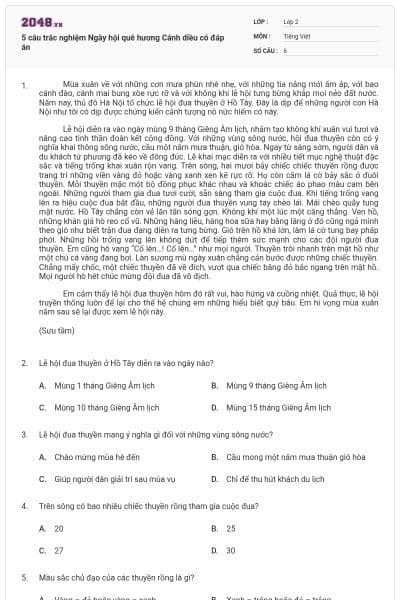 5 câu trắc nghiệm Ngày hội quê hương Cánh diều có đáp án