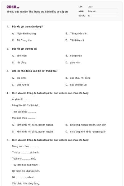 10 câu trắc nghiệm Thư Trung thu Cánh diều có đáp án