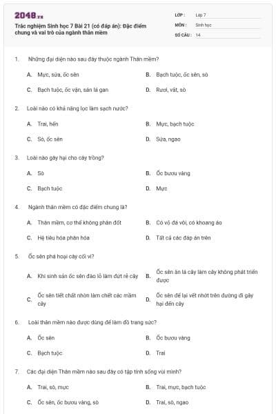 Trắc nghiệm Sinh học 7 Bài 21 (có đáp án): Đặc điểm chung và vai trò của ngành thân mềm