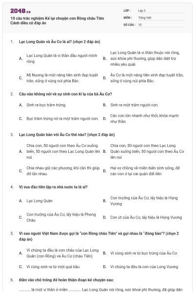 10 câu trắc nghiệm Kể lại chuyện con Rồng cháu Tiên Cánh diều có đáp án