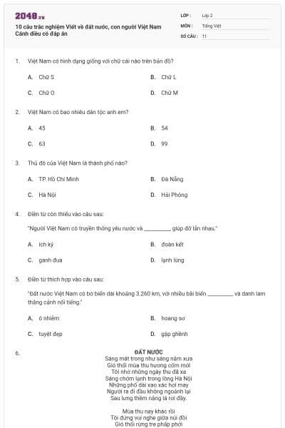 10 câu trắc nghiệm Viết về đất nước, con người Việt Nam Cánh diều có đáp án