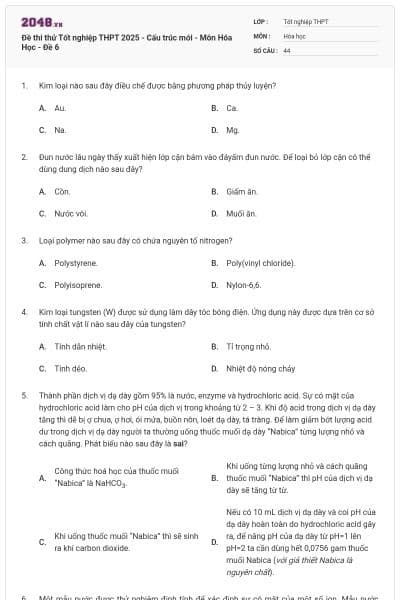 Đề thi thử Tốt nghiệp THPT 2025 - Cấu trúc mới - Môn Hóa Học - Đề 6