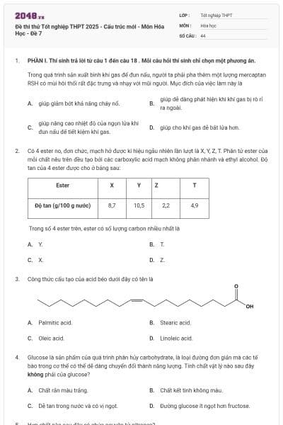 Đề thi thử Tốt nghiệp THPT 2025 - Cấu trúc mới - Môn Hóa Học - Đề 7