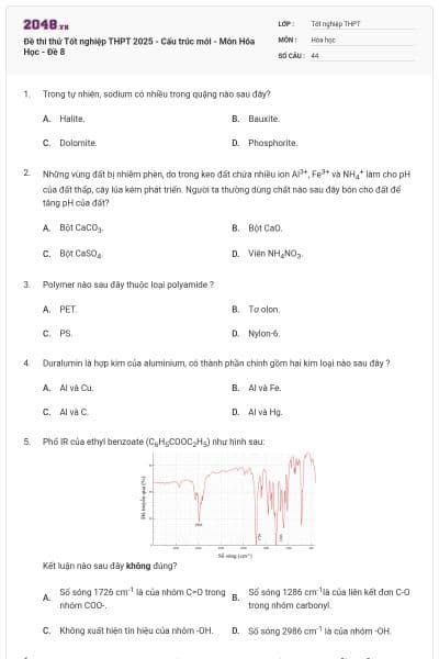 Đề thi thử Tốt nghiệp THPT 2025 - Cấu trúc mới - Môn Hóa Học - Đề 8