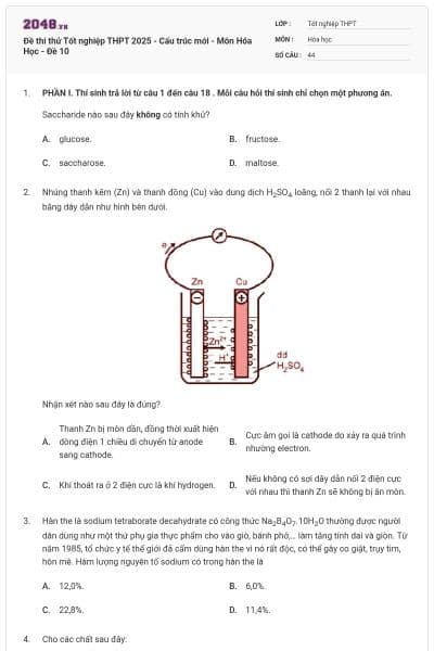 Đề thi thử Tốt nghiệp THPT 2025 - Cấu trúc mới - Môn Hóa Học - Đề 10