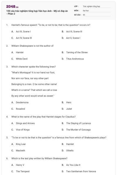 100 câu trắc nghiệm tổng hợp Văn học Anh - Mỹ có đáp án - Phần 2