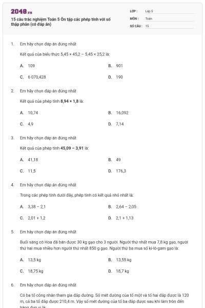 15 câu trắc nghiệm Toán 5 Ôn tập các phép tính với số thập phân (có đáp án)