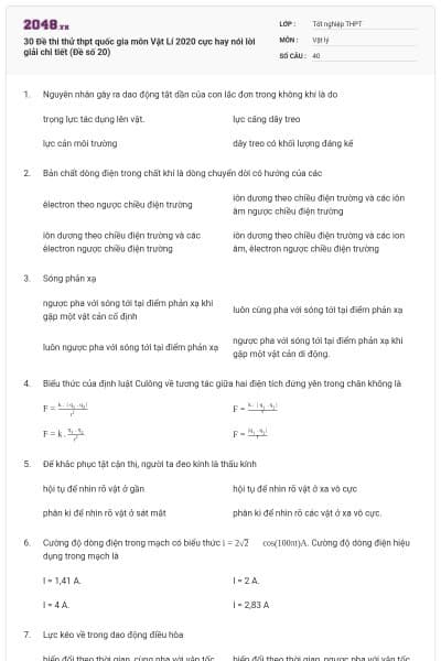 30 Đề thi thử thpt quốc gia môn Vật Lí 2020 cực hay nói lời giải chi tiết (Đề số 20)