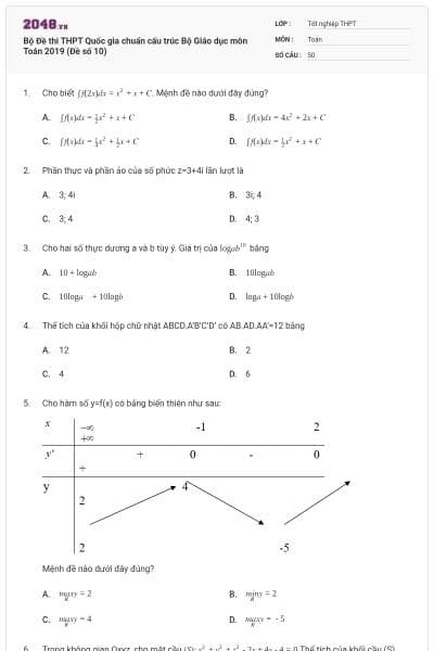 Bộ Đề thi THPT Quốc gia chuẩn cấu trúc Bộ Giáo dục môn Toán 2019 (Đề số 10)