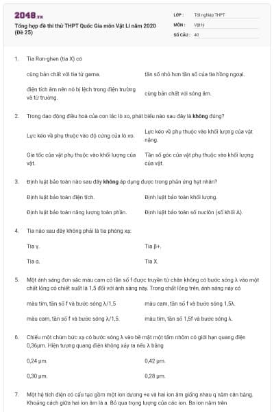 Tổng hợp đề thi thử THPT Quốc Gia môn Vật Lí năm 2020 (Đề 25)