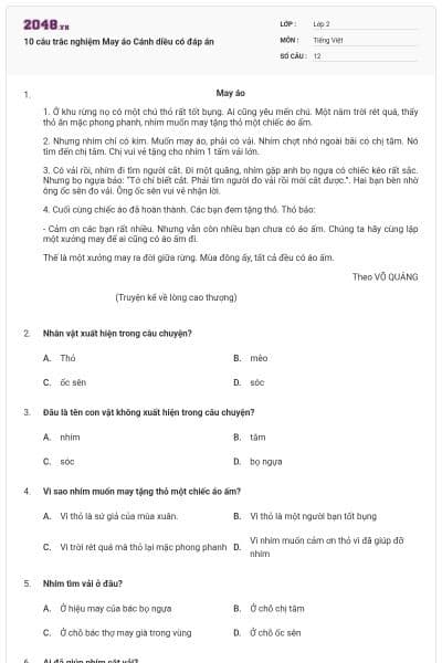 10 câu trắc nghiệm May áo Cánh diều có đáp án
