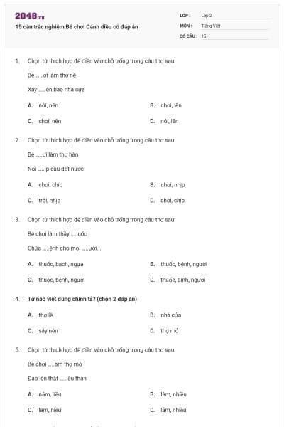 15 câu trắc nghiệm Bé chơi Cánh diều có đáp án