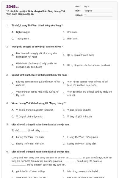 10 câu trắc nghiệm Kể lại chuyện thần đồng Lương Thế Vinh Cánh diều có đáp án