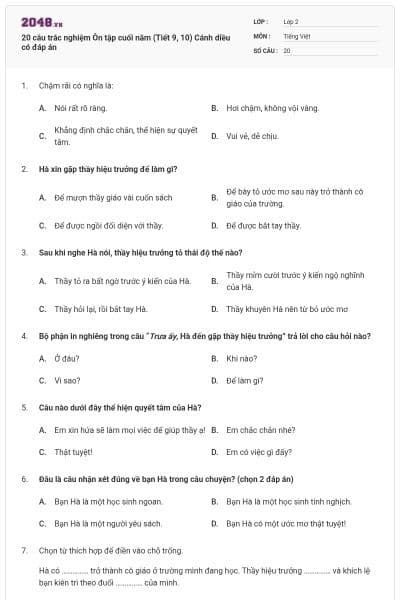 20 câu trắc nghiệm Ôn tập cuối năm (Tiết 9, 10) Cánh diều có đáp án