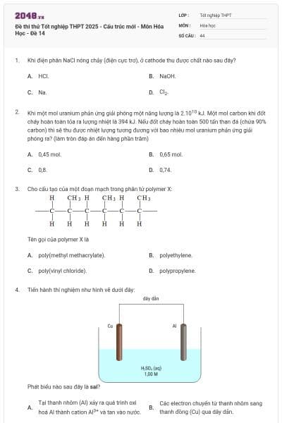 Đề thi thử Tốt nghiệp THPT 2025 - Cấu trúc mới - Môn Hóa Học - Đề 14