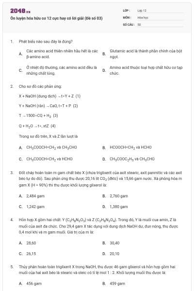 Ôn luyện hóa hữu cơ 12 cực hay có lời giải (Đề số 03)