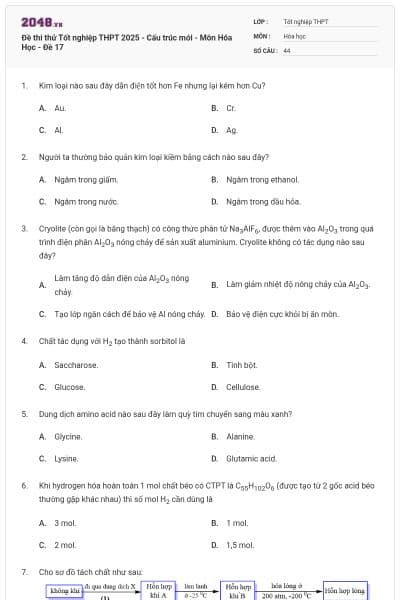Đề thi thử Tốt nghiệp THPT 2025 - Cấu trúc mới - Môn Hóa Học - Đề 17