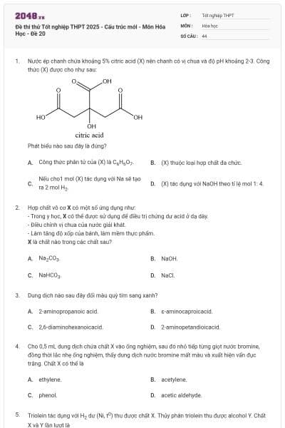 Đề thi thử Tốt nghiệp THPT 2025 - Cấu trúc mới - Môn Hóa Học - Đề 20