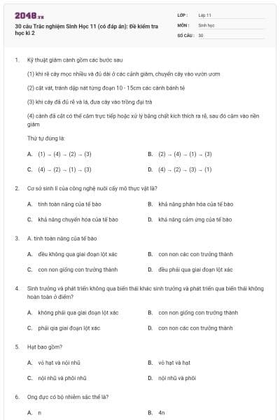 30 câu  Trắc nghiệm Sinh Học 11 (có đáp án): Đề kiểm tra học kì 2