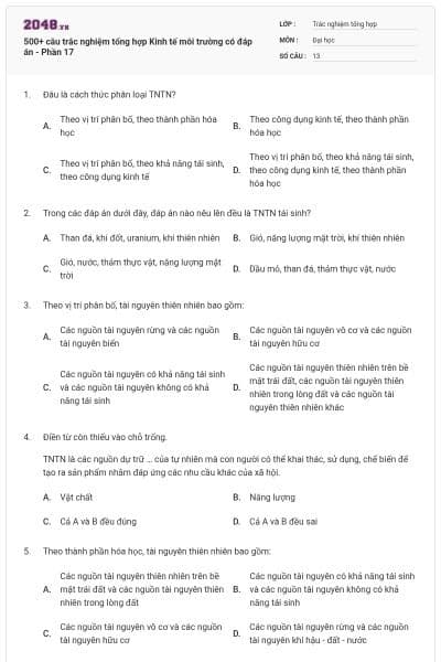 500+ câu trắc nghiệm tổng hợp Kinh tế môi trường có đáp án - Phần 17