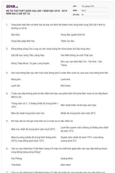 ĐỀ THI THỬ THPT QUỐC GIA LẦN 1 NĂM HỌC 2018 - 2019 MÔN ĐỊA LÍ (ĐẾ SỐ 13)