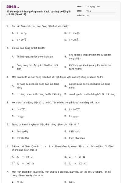 30 Đề luyện thi thpt quốc gia môn Vật Lí cực hay có lời giải chi tiết (Đề số 12)
