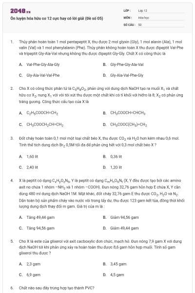 Ôn luyện hóa hữu cơ 12 cực hay có lời giải (Đề số 05)