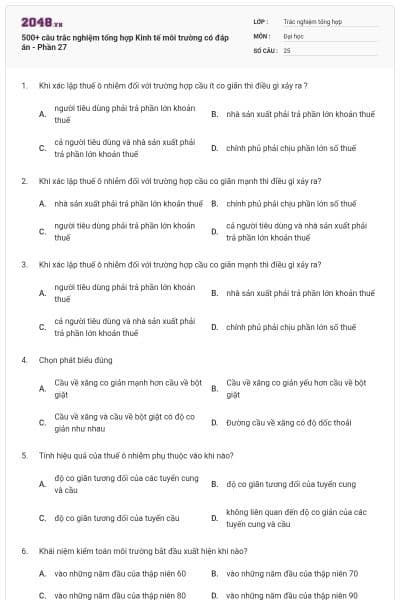 500+ câu trắc nghiệm tổng hợp Kinh tế môi trường có đáp án - Phần 27