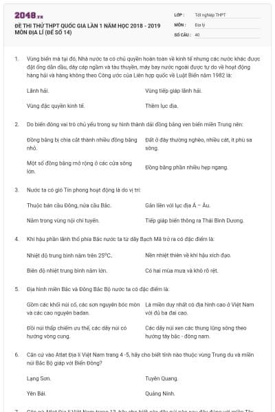ĐỀ THI THỬ THPT QUỐC GIA LẦN 1 NĂM HỌC 2018 - 2019 MÔN ĐỊA LÍ (ĐẾ SỐ 14)