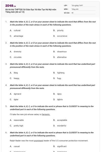 Đề thi thử THPTQG Sở Giáo Dục Và Đào Tạo Hà Nội môn Tiếng Anh (đề số 13)
