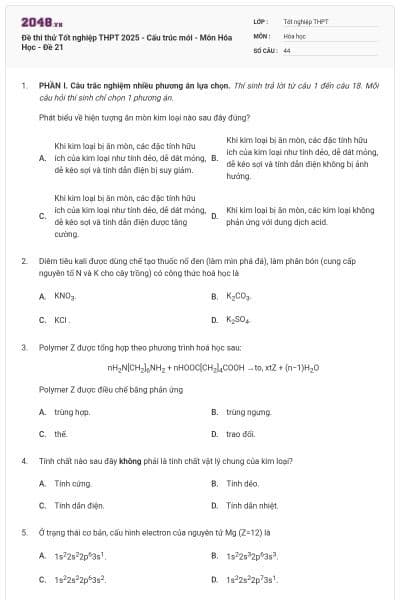 Đề thi thử Tốt nghiệp THPT 2025 - Cấu trúc mới - Môn Hóa Học - Đề 21