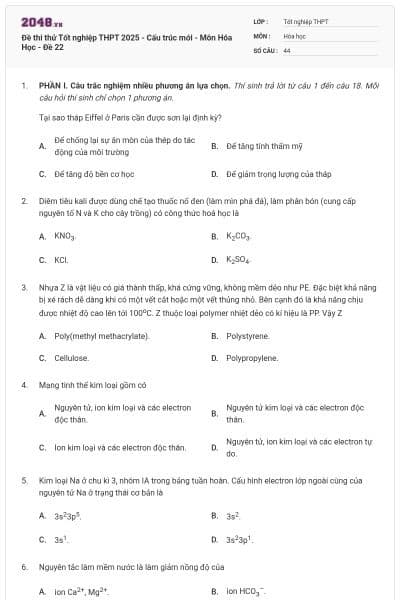 Đề thi thử Tốt nghiệp THPT 2025 - Cấu trúc mới - Môn Hóa Học - Đề 22