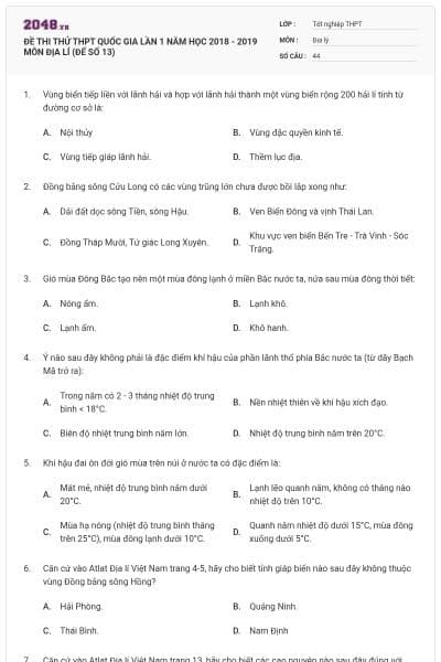 ĐỀ THI THỬ THPT QUỐC GIA LẦN 1 NĂM HỌC 2018 - 2019 MÔN ĐỊA LÍ (ĐẾ SỐ 13)