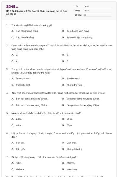 Bộ 3 đề thi giữa kì 2 Tin học 12 Chân trời sáng tạo có đáp án (Đề 2)