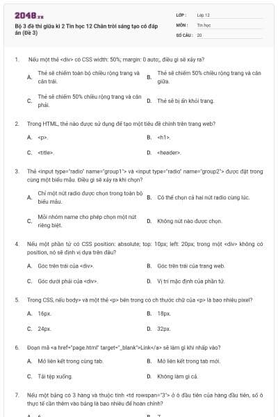 Bộ 3 đề thi giữa kì 2 Tin học 12 Chân trời sáng tạo có đáp án (Đề 3)