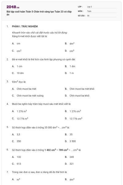 Bài tập cuối tuần Toán 5 Chân trời sáng tạo Tuần 23 có đáp án