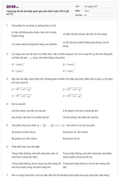 Tổng hợp đề thi thử thpt quốc gia môn Vật lí năm 2019 (đề số 17)